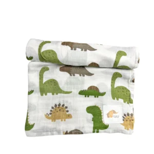 Mousseline Bambou Dinosaures Vert Safari & Beige