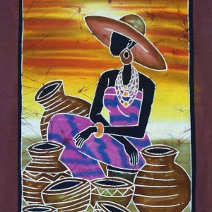 Batik africain : vendeuse de calebasses au chapeau