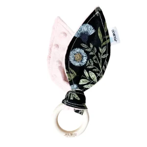 Anneau De Dentition Bois Oreille De Lapin Fleuri Noir (Endos Rose)