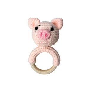 Hochet Bois Et Crochet Cochon Rose Pâle