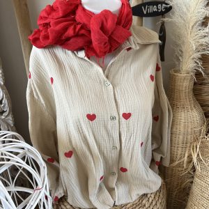 Chemise beige gaze cœurs