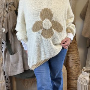 Pull fleurs blanc/doré