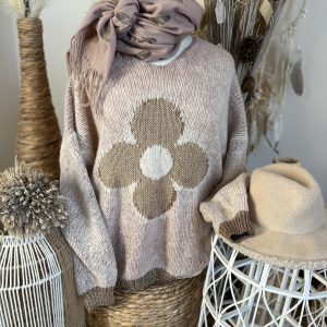 Pull fleurs rose/doré