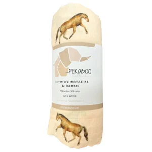 Mousseline Bambou Chevaux & Feuillage Beige